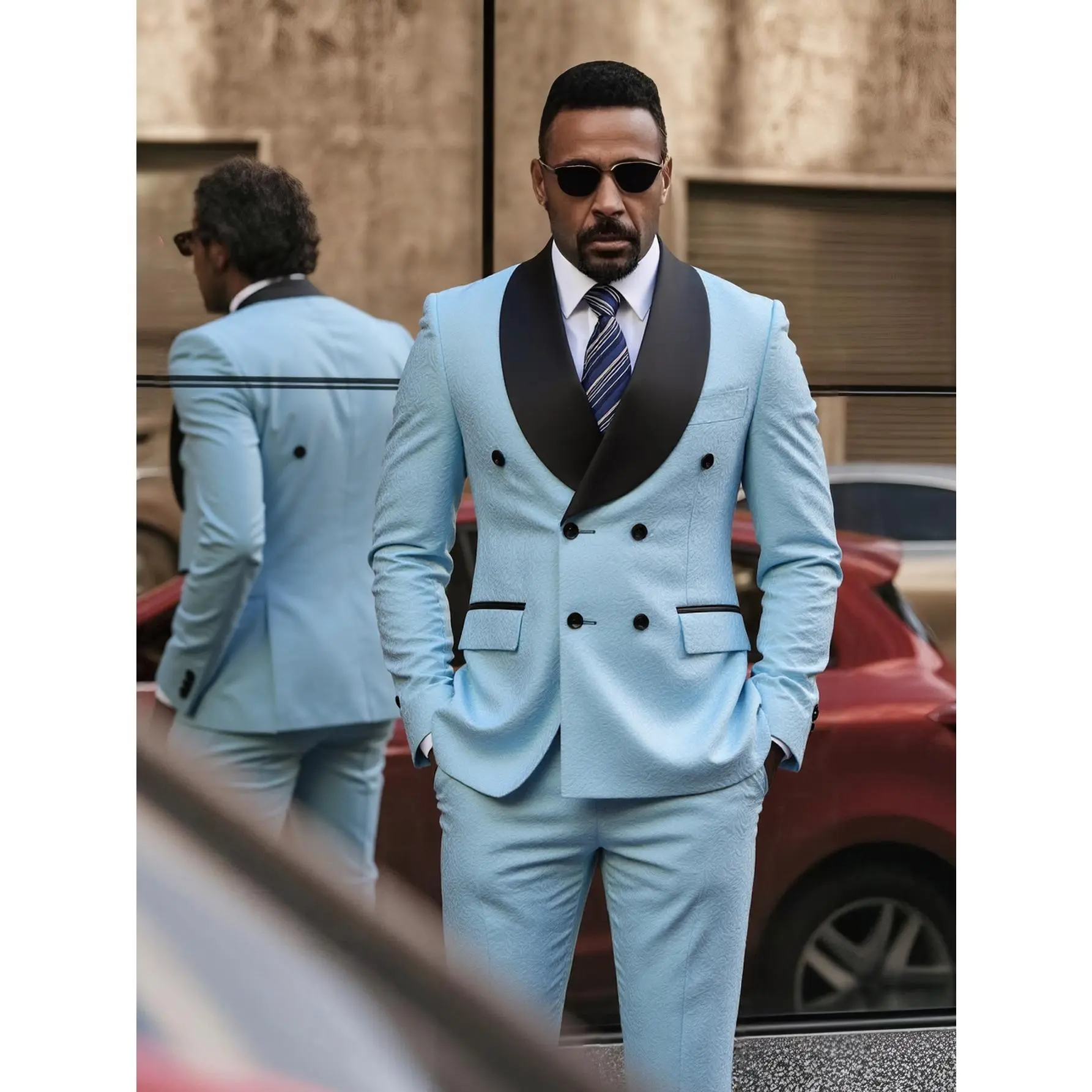 Men's Jacquard Suit Set, Double Breasted Tuxedo with Shawl Lapel and Floral Print, Wedding Groom Blazer Jacket & Pants, Original