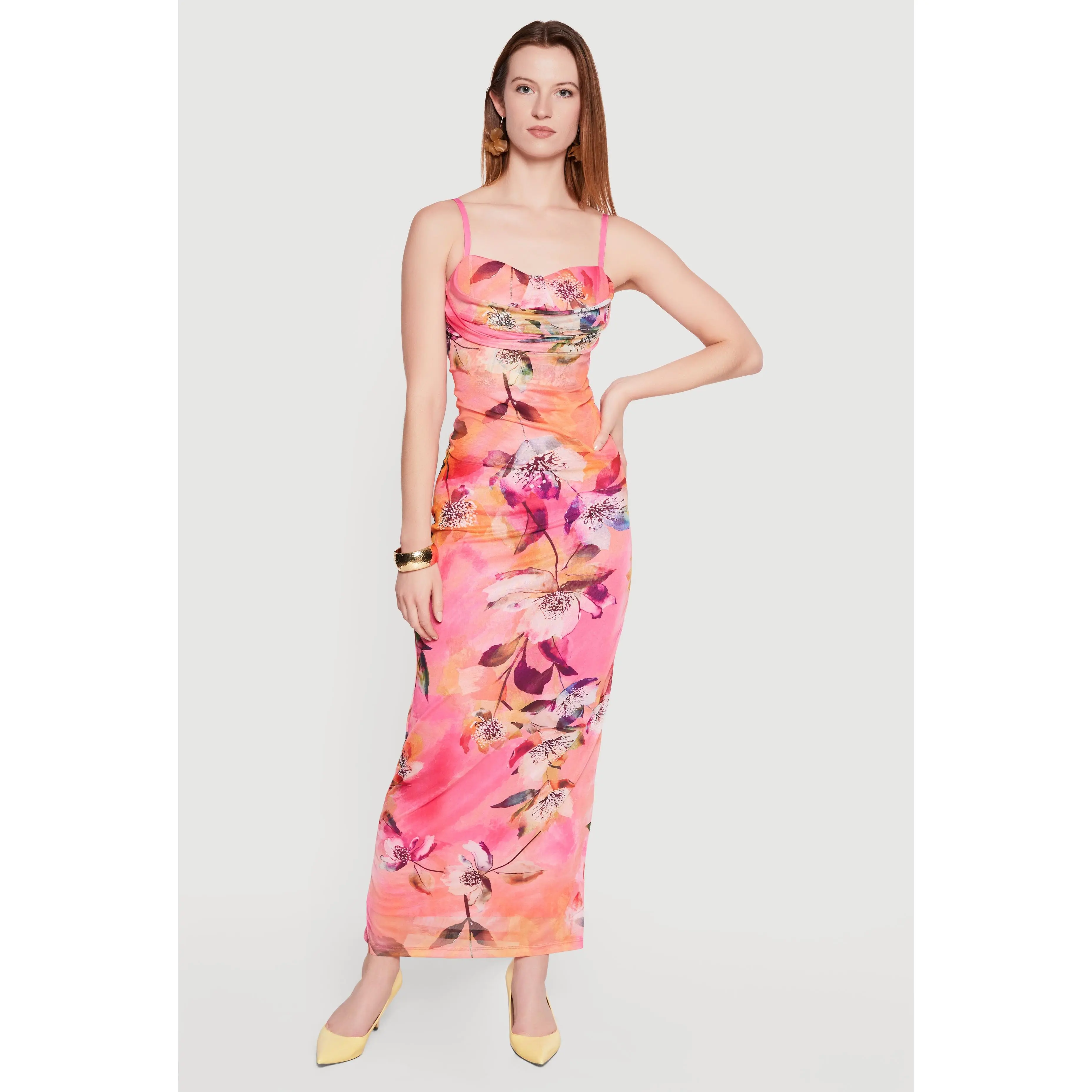 Watercolor Floral Mesh Overlay Cowl Neck Maxi Dress