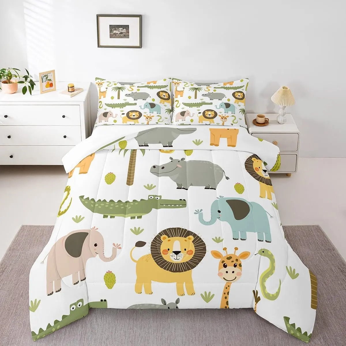 Feelyou Kids Animal Style Duvets & Sets - Breathable Wild Animal Designer Quilt, Multi-Size Comforter with Hippo, Crocodile, Lion, Elephant, Giraffe Cartoon Pattern