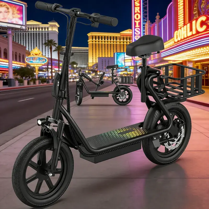 Electric Scooter for Adults with Seat,48V 10.4Ah Battery, Top Speed 22 mph, Driving Range 21-27 Miles, Pet-Friendly Design with Rear Basket.SummerWins,Father's Day Gife