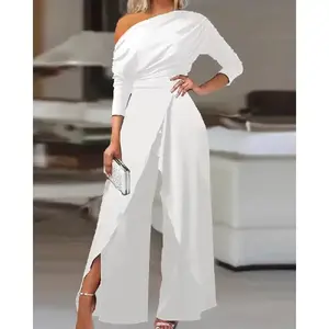 Plain Ruched Wrap Split Hem Jumpsuit for Women, Elegant Wide Leg Jumpsuit for Dating Daily Wear,  Overalls for Women, Ladies Clothes for All Seasons  Womenswear Long Sleeve  Basic Minimalist