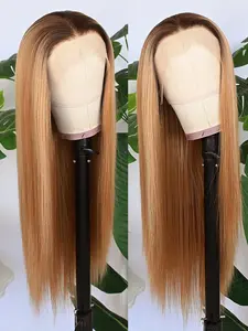 Brown Ombre Blonde Straight Hair Wig, 13x4 Lace Front Synthetic Fiber, Long Transparent Lace Frontal, Natural Light Golden Color, Lace Glueless Wig