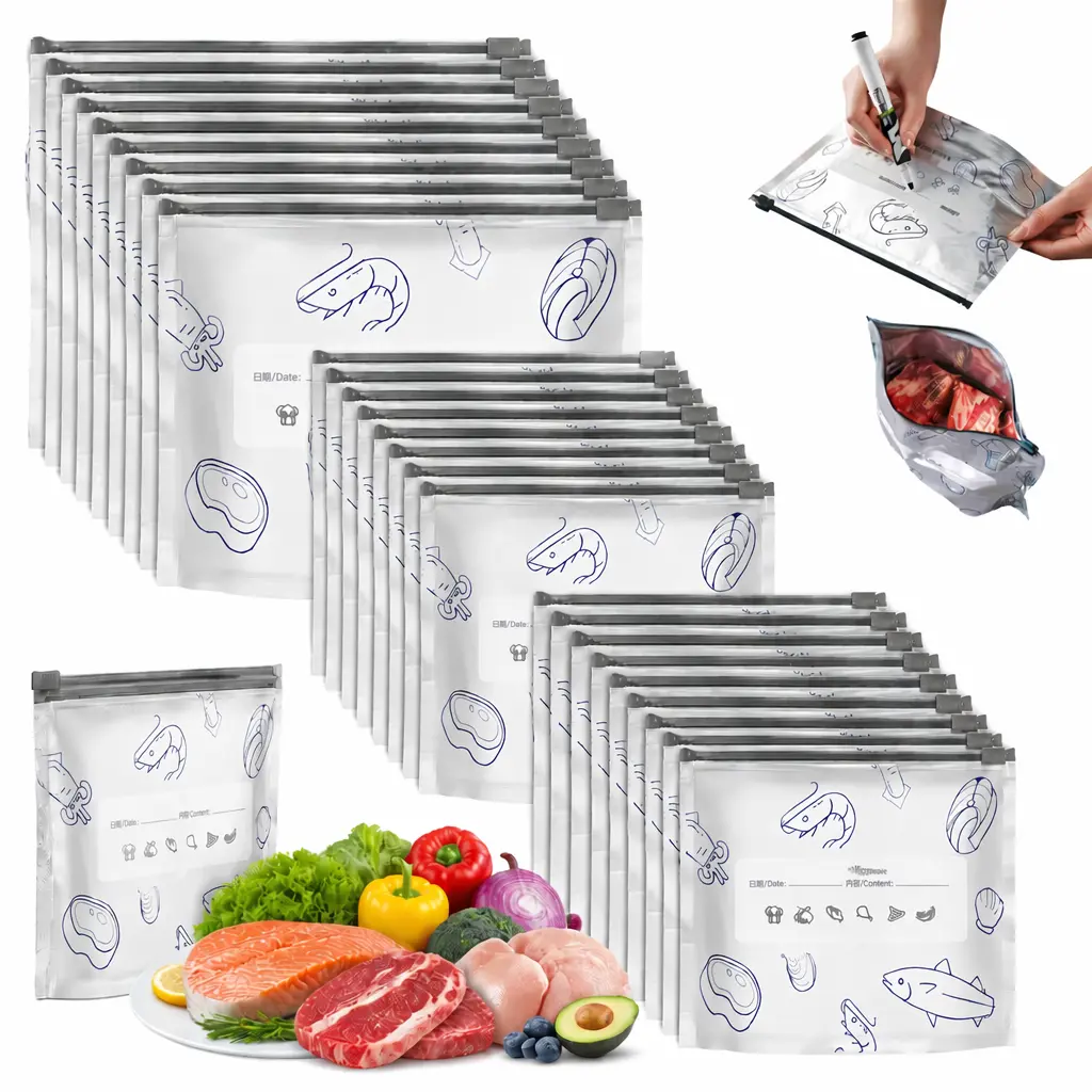 Thick Heavy Duty Aluminum Foil Storage Bags, Reusable Resealable Zipper Pouches with Stand Up Bottom and Labels for Food, Vegetable, Fruit, Meat (3 Sizes)