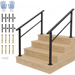 4-Step Indoor/Outdoor Handrail Kit - Black Aluminum Stair Railing with Iron Posts for Steps & Porch, Includes Gloves - 2-Pack