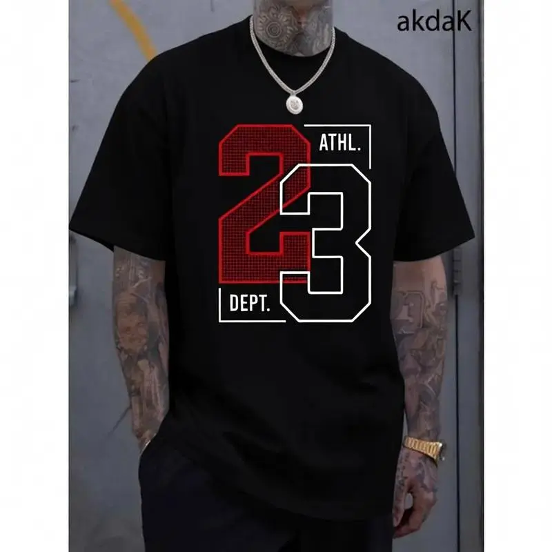 Men'S Casual "23" Pattern T-Shirt - White Short Sleeves, Crew Neck, Summer Fashion T-Shirt, Red and Black Print, Suitable for Casual Wear plus size