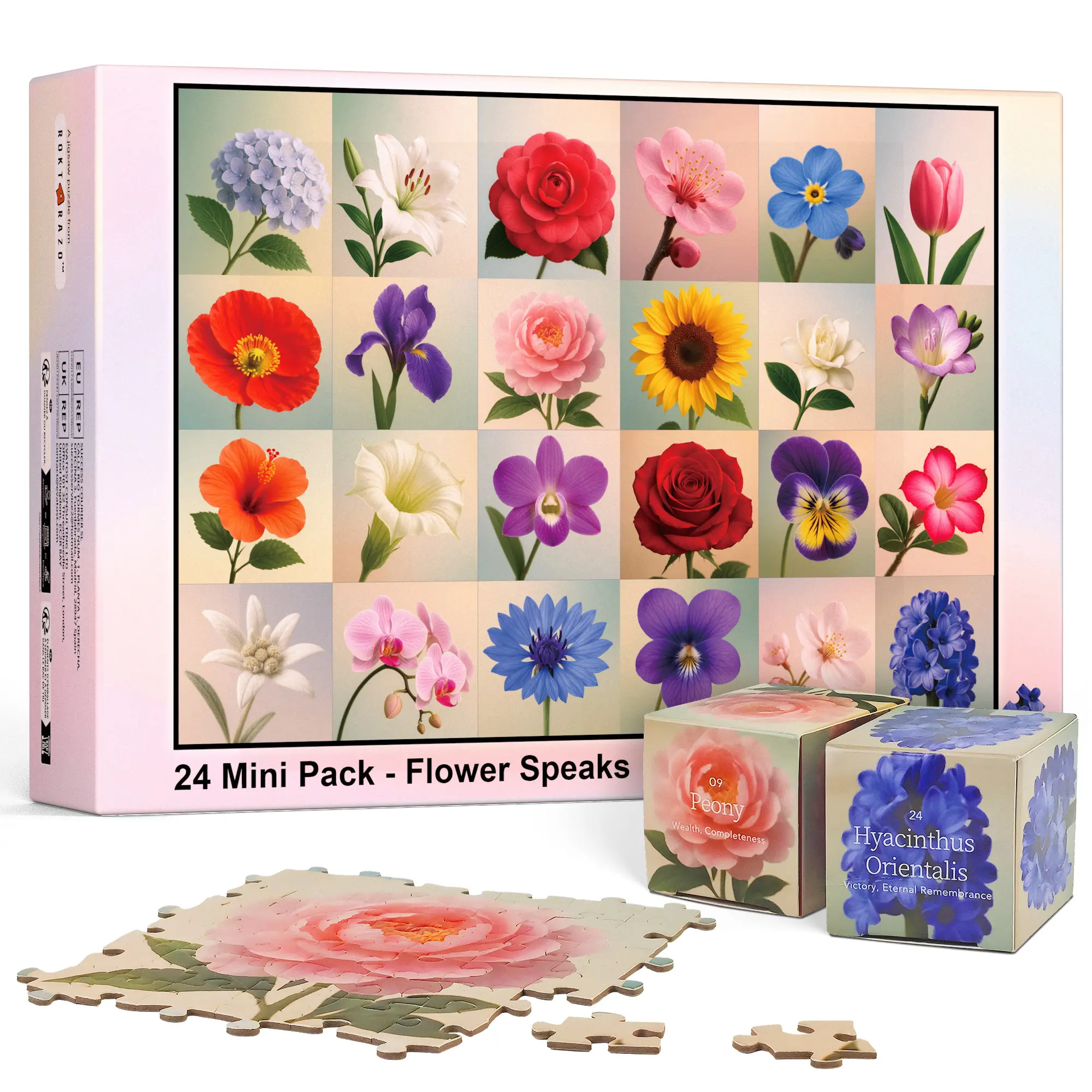 rokt&razo, Flower Speaks, 24 Mini Pack, Advert Puzzles, 1000 Pieces Daily Puzzles, 8 Puzzle Stickers, Family Game Nights, Finish Size 27.5 * 19.7 in (Index on The Back)