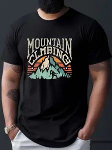 Men's Adventure-Inspired Mountain Climbing T-Shirt - Breathable Polyester, Geometric Design, Casual Round Neck Tee for All Seasons