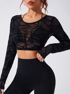 Women's Sheer Mesh Crop Top Long Sleeve Geometric See Through Slim Fit Shirt Y2K Grunge Streetwear Baddie Going Out Top Sexy Clubwear Rave Festival Party Outfit Athletic Cover Up Tee Trendy Viral Fashion Womenswear Clothes