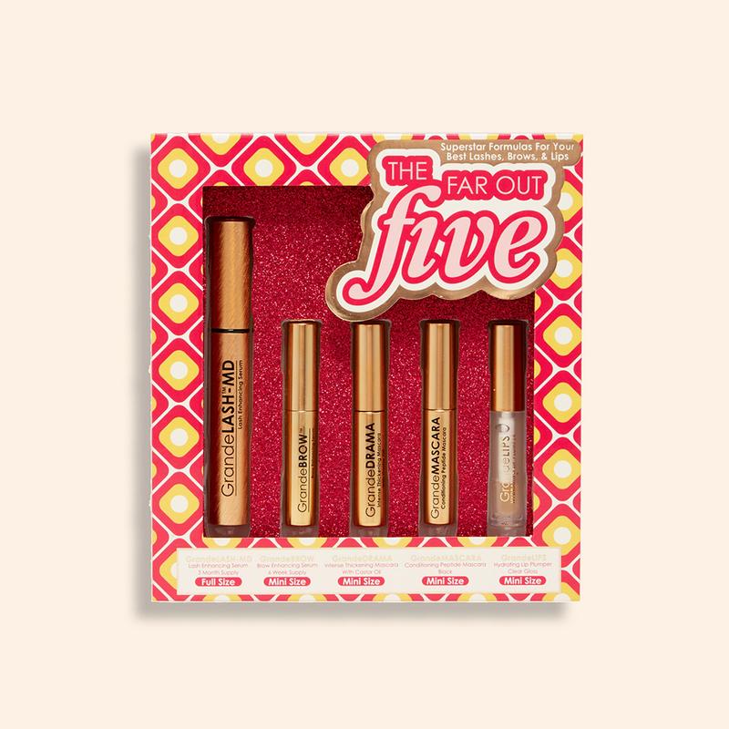 The Far Out Five Set - Grande Cosmetics - 5-Piece Makeup Kit with GrandeLASH-MD, GrandeBROW Serum, GrandeDRAMA, GrandeMASCARA, and GrandeLIPS for Fuller Looking Lashes, Brows, and Lips