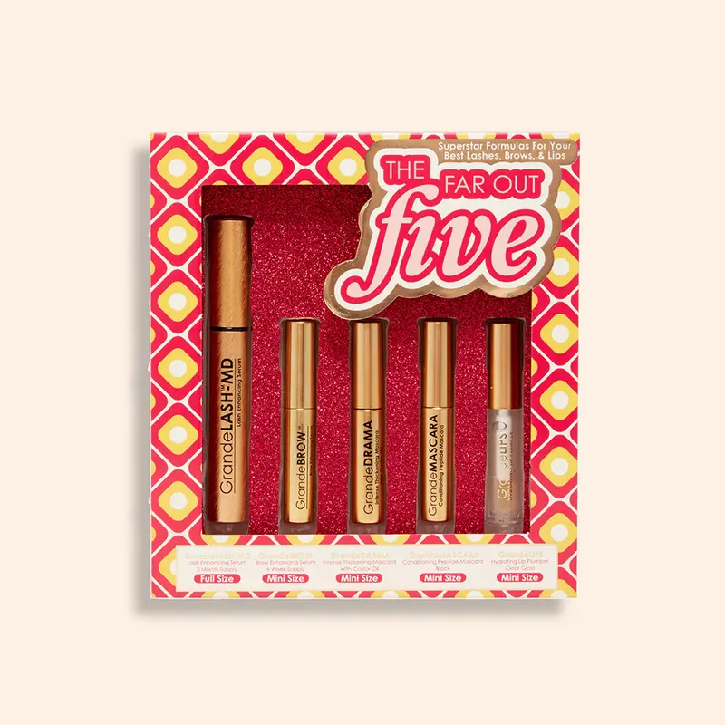 The Far Out Five Set - Grande Cosmetics - 5-Piece Makeup Kit with GrandeLASH-MD, GrandeBROW Serum, GrandeDRAMA, GrandeMASCARA, and GrandeLIPS for Fuller Looking Lashes, Brows, and Lips