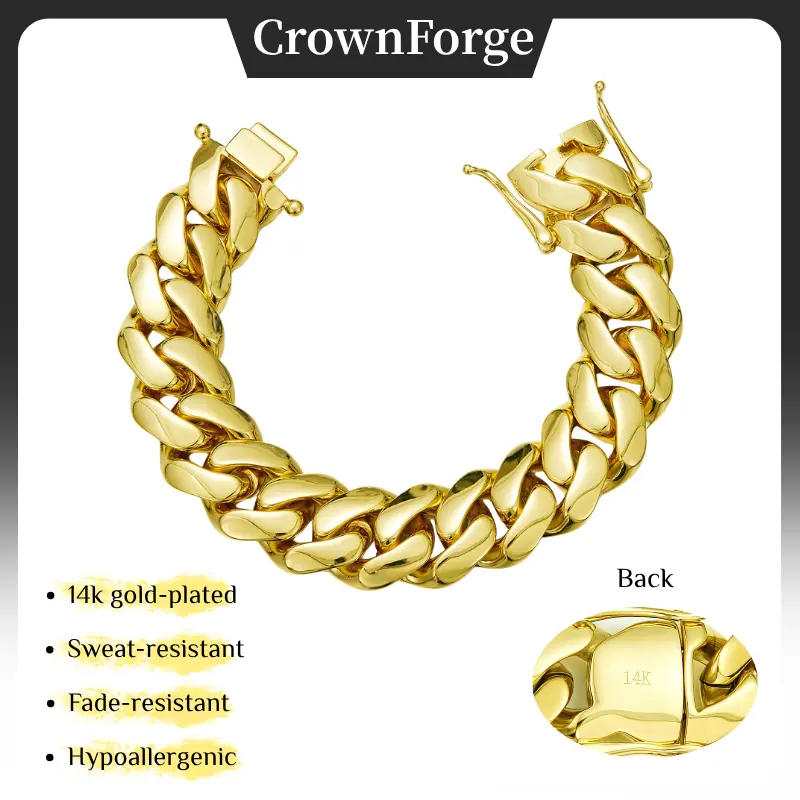 14K Gold Plated Heavyweight Cuban Link Bracelet for Men, Solid Stainless Steel Hip Hop Chain, Fade-Resistant Hypoallergenic Wrist Jewelry, 8–20MM, Secure Double-Lock Clasp