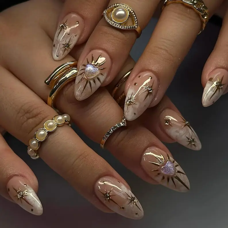 milky white gold star nails - custom press on nails - hand made Press on Nails -Faux Acrylic Nails - Gel Nails - Press on Nail