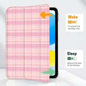 Pink Plaid Case for iPad  2025 / iPad air 6/ iPad mini 6, Slim Stand Cover with Soft Translucent Frosted Back Pencil Slot