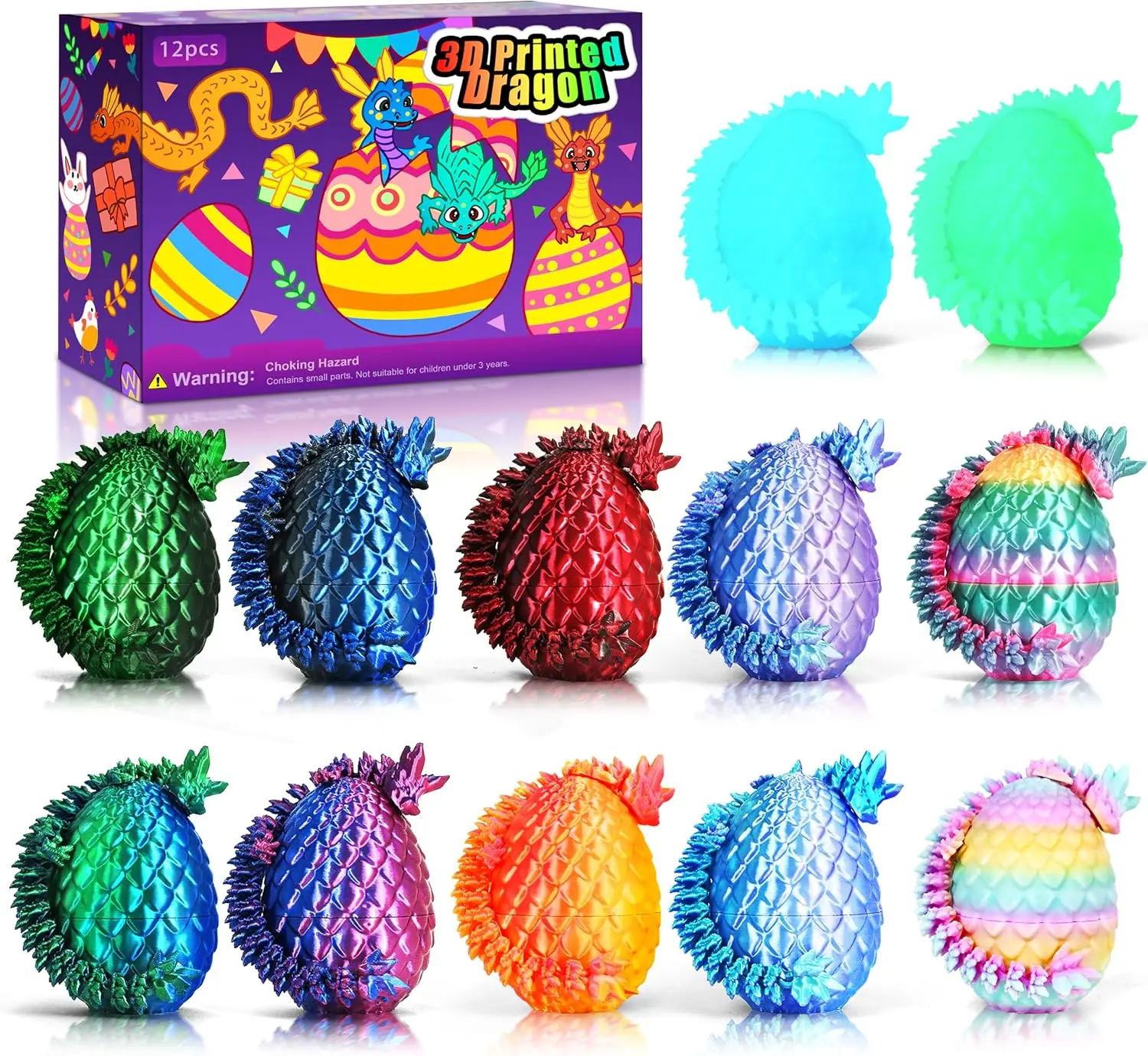 12pcs 3D Printed Dragon Eggs, Cool Articulated Crystal Dragon Toys for Boys Kids Teen, Surprise Dinosaur Eggs for Party Favors, Fun Goodie Bag Stuffers for Birthdays, Classroom Prizes