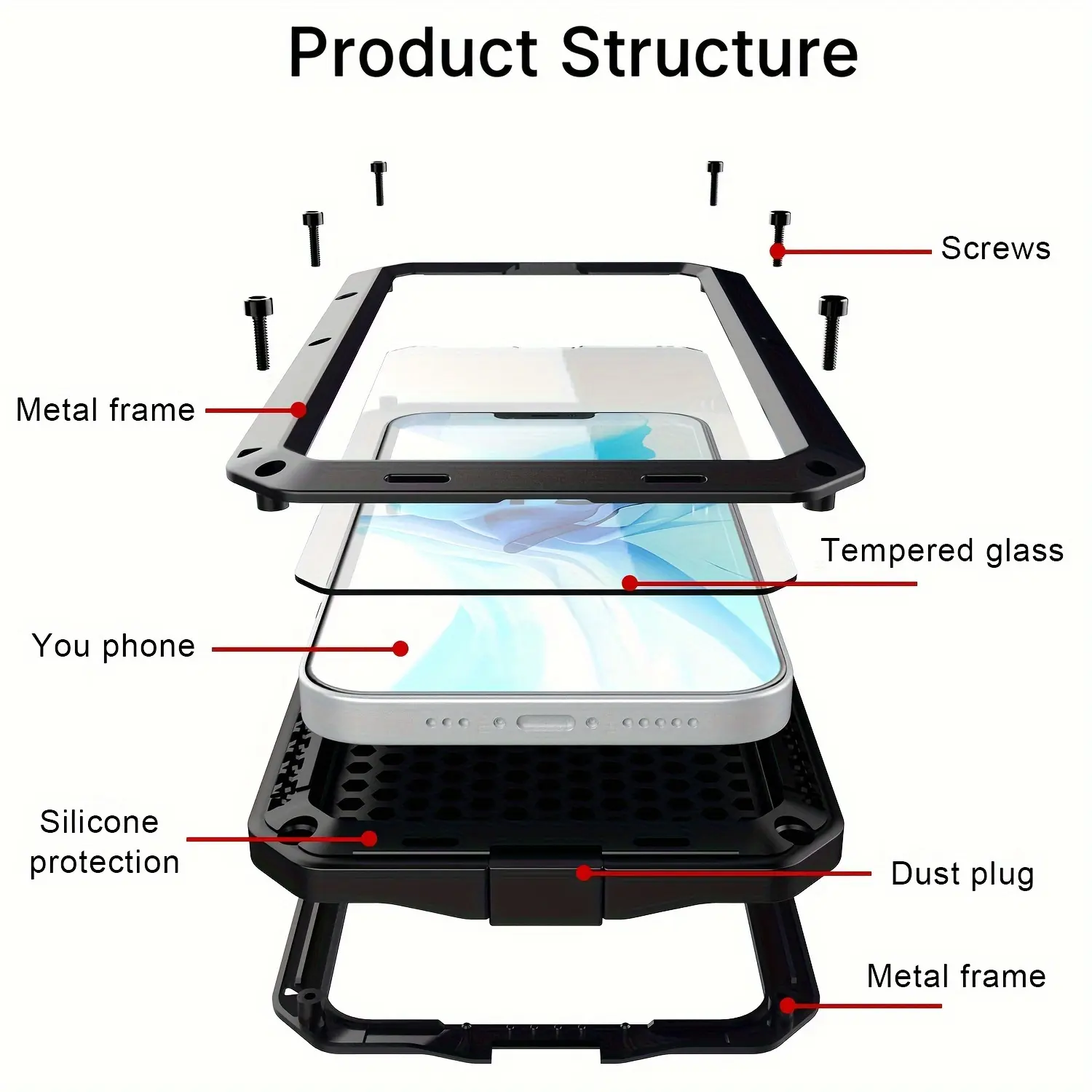 Metal Case with Built-in Glass Screen Protector for iPhone 13 Mini,13 Pro Max,14,15,16,16e,17,17 Air - Heavy-Duty, Shockproof, Rugged, 360 Full Body Dustproof Smartphone Accessory for Handheld Cellphone Devices