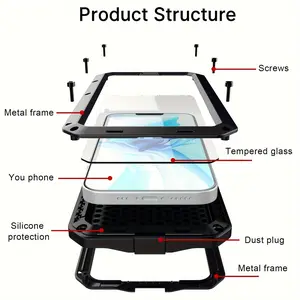for iPhone 17 16e 16 15 14 13 Pro Max 13 Mini 17 Air Metal Case, Heavy Duty Shockproof Tough Rugged Case with Built-in Glass Screen Protector, 360 Full Body DustProof Protective Cover