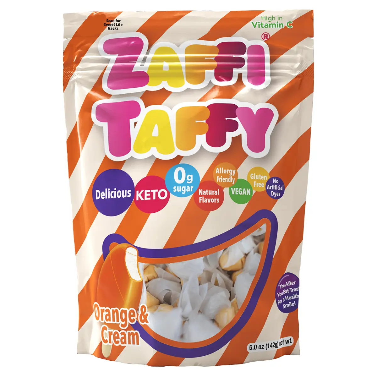 Zaffi Taffy Sugar-Free Orange Creamsicle Chewy Candy, 5oz Bag Snack with Natural Coconut Powder & Vitamin