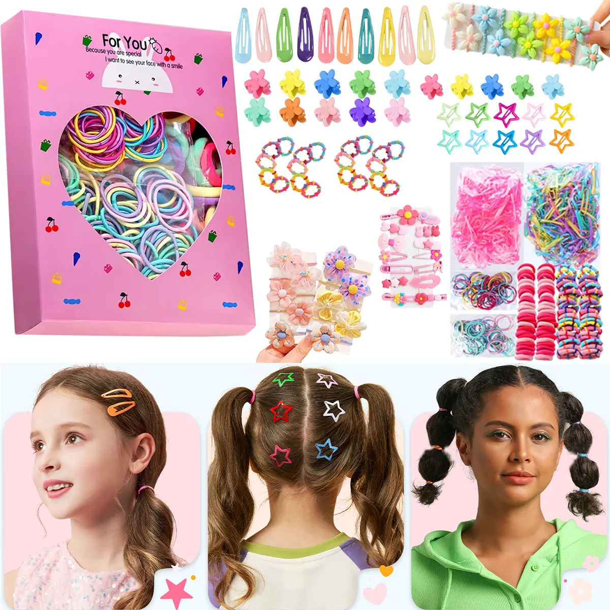 900+pcs Girls Hair Accessories Set - Hair Ties, Clips, Elastics & Rubber Bands Gift Box for Kids & Toddlers