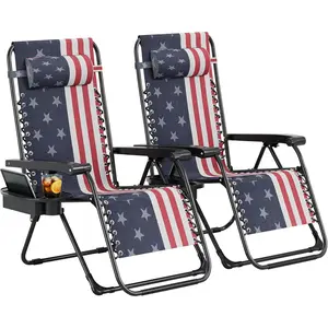 Zero Gravity Chair Set Of 2  Lounge Chair  With Pillow Cup Holder Tray Adjustable Reclining Chair Folding Portable Camping Chair For Lawn Deck Yard Outdoor Patio Furniture