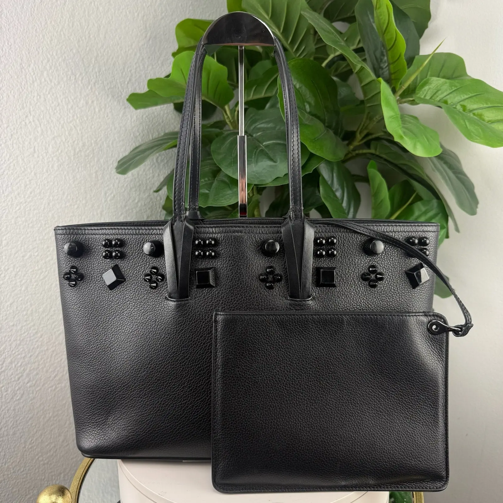Pre-owned Leather Shoulder Bags Authentic Christian Louboutin Cabata Fashionable Luxury Pebbled Shoulder Tote Bag Black, Bold Tonal Embellishments, Travel Bags