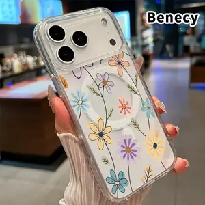 Clear Phone Case for iPhone 17 16  Pro Max Plus 15 14 13 12 11 Air E The charm of flowers  Pattern Magnetic Sunction Acrylic Back Full Body Protective Cover