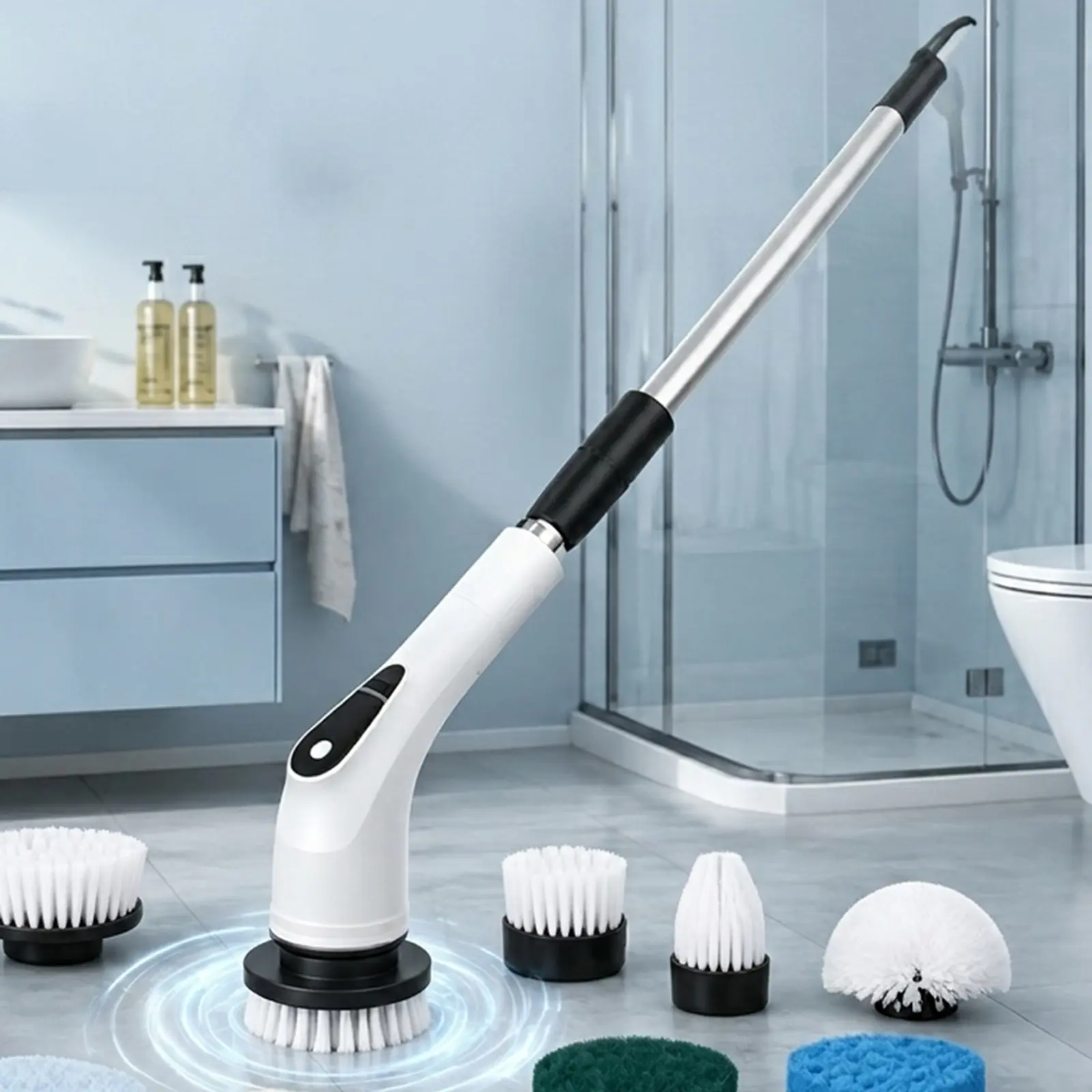 Cordless Electric Spin Cleaning Brush - Battery-Powered Cleaning Tool, 8 Replaceable Heads, Adjustable Long Handle, Flexible & Stiff Bristles, Washable Scrubber, Effortless Bathroom & Kitchen Cleaning