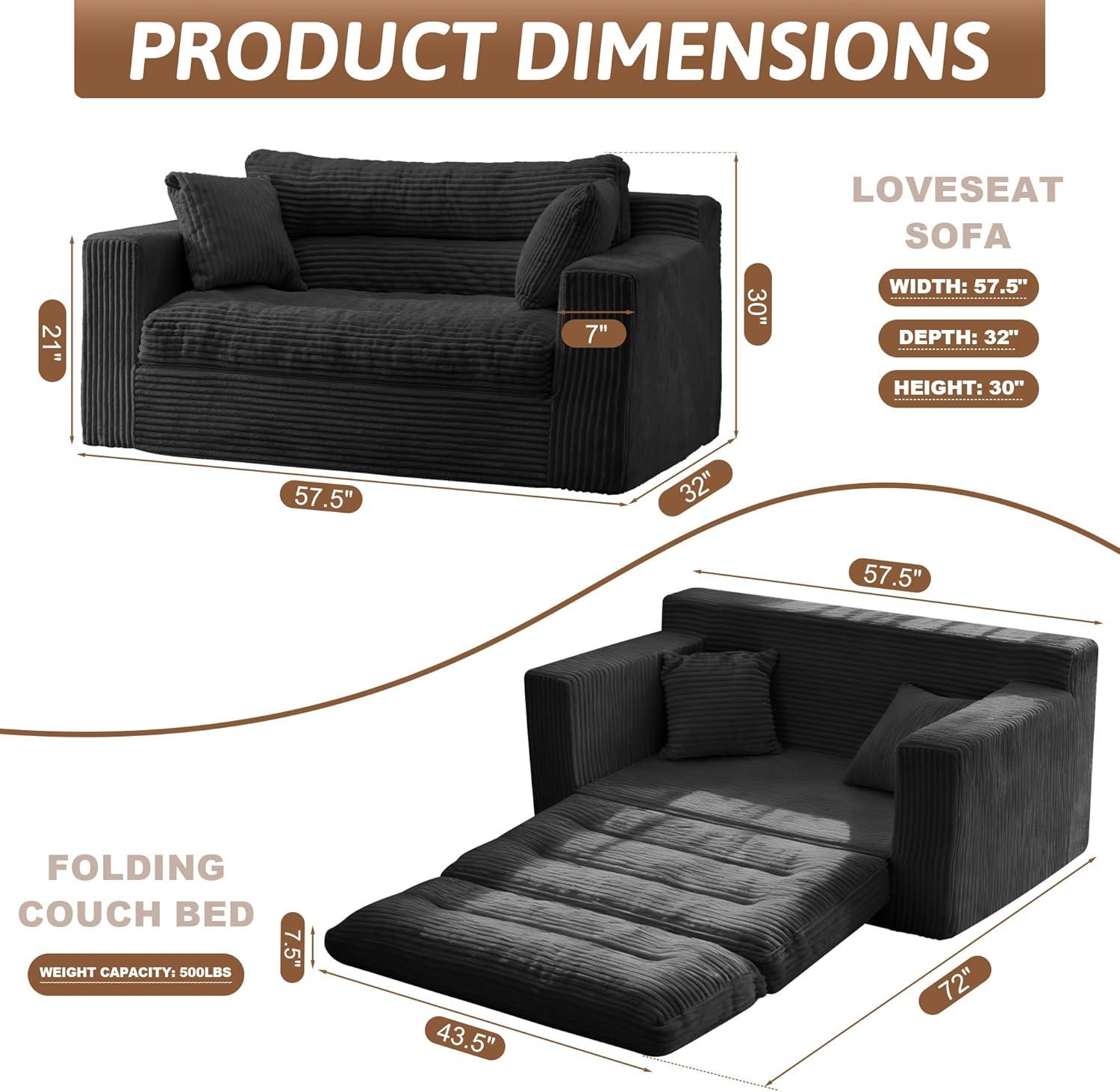 Winzoo Convertible Sofa Bed, Pull Out Boneless Couch Loveseat Floor Sofa Bed with Pillows, 2-Seater Folding Sofa Loveseat Boneless Couch for Living Room, Bedroom, Apartment, Office(Grey)