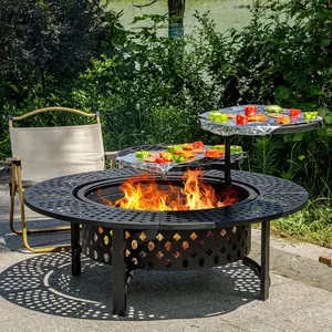 47 Inch Fire Pit with 2 Grills, Wood Burning Fire Pits for Outside with Lid & Poker, BBQ& Outdoor Firepit & Round Metal Table 3 in 1 for Patio, Picnic, Party