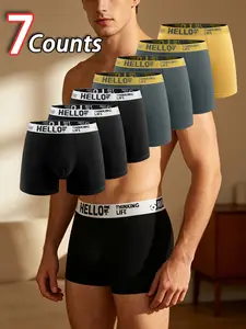 Men's Solid Color Briefs Set of 7, Non-Compression Waist, Hello Design, Suitable for All Seasons, Comfortable Underwear for Men, Menswear