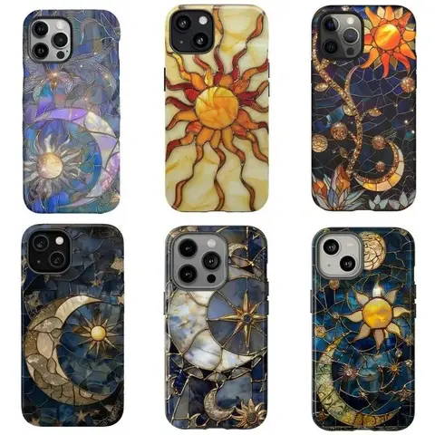 Stained Glass Sun Moon Tough Case for iPhone18, 17, 16, 15, 14, 13, 12, 11, X, and Samsung models - Celestial Aesthetic Gift,A perfect gift for friends or family.