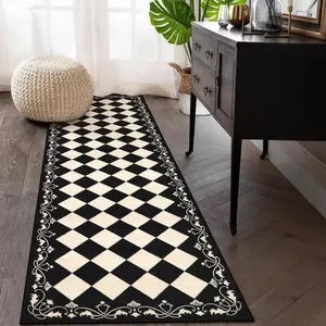 Checkered Bathroom Runner Rug 2x6, Black and White Washable Runners for Hallways Non Slip, Moroccan Trellis 2x6 Rug for Besides Laundry Kitchen, Checkerboard Stain Resistant Bathroom Decor