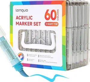 Languo 60-Color Acrylic Paint Markers Pens Set, Soft Brush Tip Markers with Fast Drying & No-Bleed Ink, Acrylic Paint Pens for Rock, Wood, Egg, Ceramic, Fabric Painting, Art Supplies and DIY Crafts artist office school student gift
