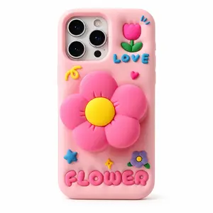 3D Floral Phone Case for iPhone 16/15/14/13/12 Pro Max, Soft Silicone Shockproof Back Cover with Phone Stand, Cute Flower Protective Case, Gift for Girls Funny graduation