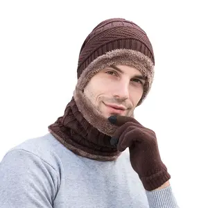 Men's windproof hat, outdoor winter scarf, gloves, three-piece neckline, one plus cashmere insulated knit hat Outdoor Riding