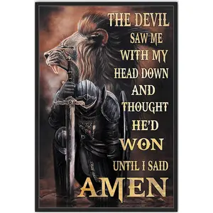Vintage Metal Tin Sign Jesus Poster Wall Art The Devil Saw Me with My Head Down and Thought He'd Won Until I Said Amen Christian Warrior Poster Novelty Sign