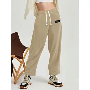 Women's corduroy wide leg casual pants Autumn and winter loose drawstring straight leg retro casual pants Multi colored textured high waisted drape light core velvet pants