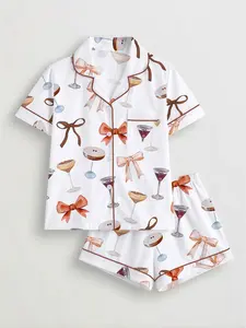 Women's Bowknot Printed Sleepwear Set, Short Sleeve Button-Up Soft Top & Loose Elastic Shorts, Casual Home Wear for All Seasons