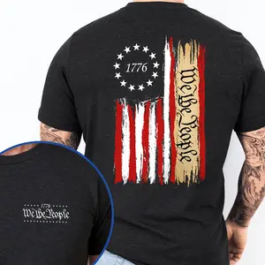 Men's Oversized Soft Cotton Round Neck Shortsleeve T-Shirt - We The People Patriotic USA Flag Graphic Menswear, Foldable Casual Fabric Apparel, Father’s Day Gift, MLN3131TS