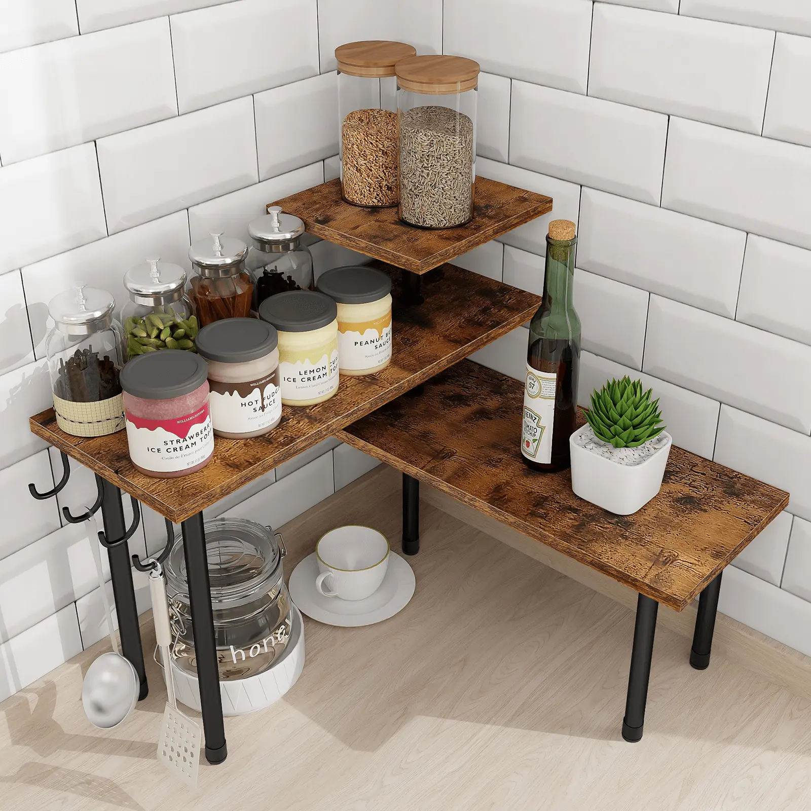 Homode Kitchen Countertop Organizer Corner Shelf, Bathroom Counter Organizer, 3 Tier Counter Shelf Space Saving Organization for Kitchen Counter, Spice Rack, Coffee Bar, Over Sink