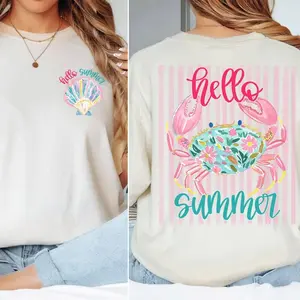 Comfort Colors Hello Summer Crab Sweatshirt, Floral Beach Graphic Crewneck, Coastal Aesthetic Summer Shirt, Cute Sea Shell Front Design, Trendy Vacation Top, Gift for Her, Fast Shipping USA