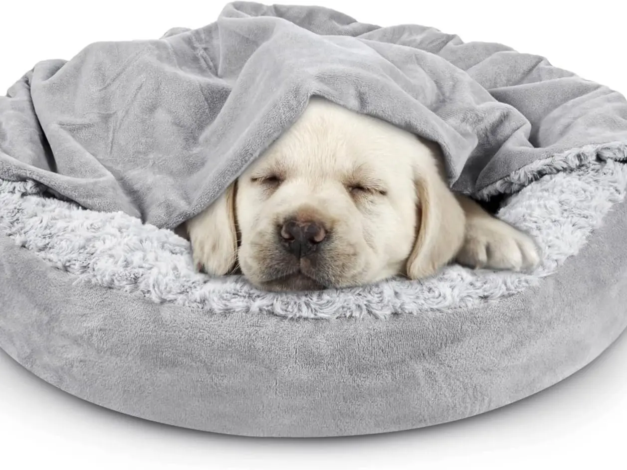 Small Dog Bed Cat Bed with Hooded Blanket, Cozy Cuddler Luxury Puppy Pet Bed, Donut Round Calming Anti-Anxiety Dog Burrow Cave Bed - Anti-Slip Bottom and Machine Washable 23 inch