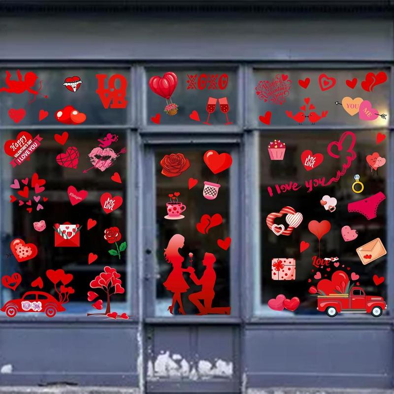 i-Beeboo Valentines Day Decor Window Clings 10 Sheets for Glass Windows Double-Sided Heart Decals with Red Love Flowers & Gifts Easy to Apply No Adhesive Needed