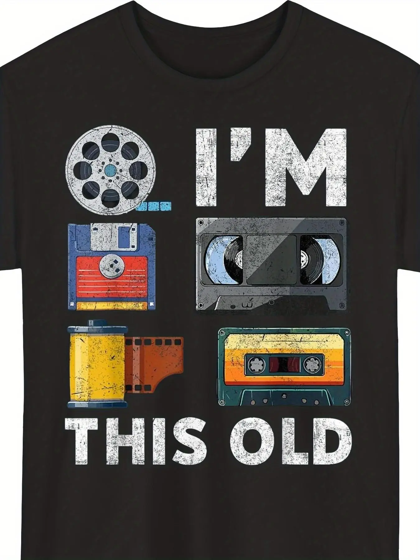 Retro Media Technology T-Shirt - Vintage Tape, VHS, Floppy Disk Print Short-Sleeve Crew Neck Shirt - Digital Heat Transfer Casual Shirt, Suitable for Tech Conferences and Everyday Wear