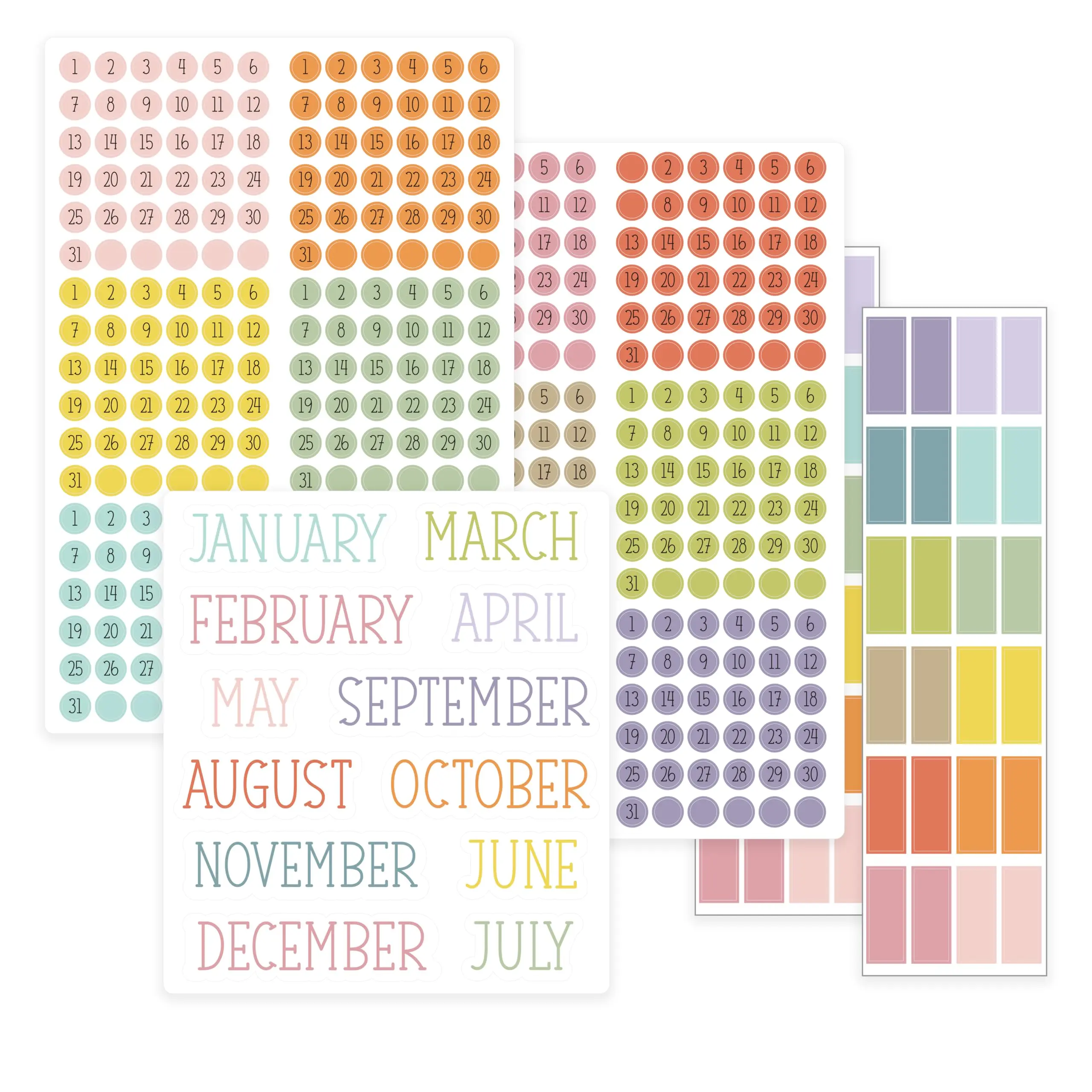 12-Month Date Dots & Months Sticker Set, Colorful Planner Stickers for Calendars, Journals & Organizing, White Waterproof Vinyl, Include Dated Circles + 48 Color Coding Boxes