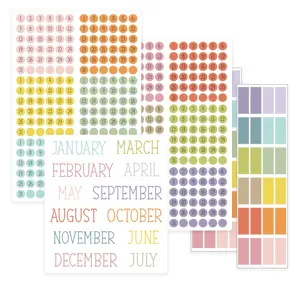 12-Month Date Dots & Months Sticker Set, Colorful Planner Stickers for Calendars, Journals & Organizing, White Waterproof Vinyl, Include Dated Circles + 48 Color Coding Boxes