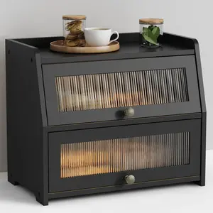 Large Bread Box for Kitchen Countertop, Black Bread Storage Container for Homemade Bread, Double Layer Farmhouse Breadbox Organizer for Kitchen Counter Cabinet, Pantry, Cupboard (Black)