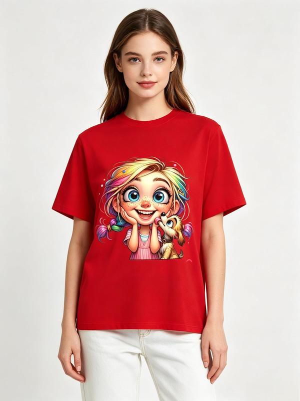 Women's Pure Cotton Fitted Crew Neck Short-Sleeve T-Shirt - Lightweight Graphic Print with Cute Rainbow Hair Girl & Puppy, Casual Trendy Aesthetic Lady Beach Top