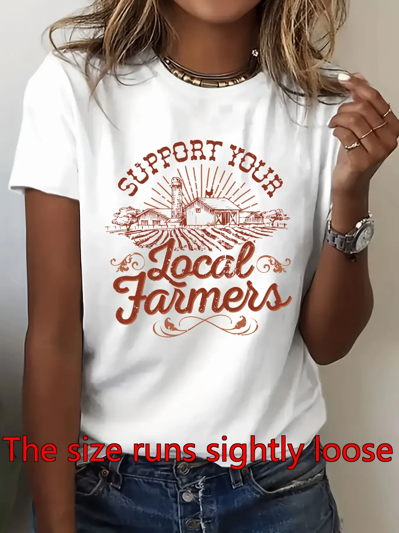 Women's Vintage Western Farm T-Shirt - Support Local Farmers Print Soft Polyester Crew Neck Tee, Casual Short Sleeve Blouse Suitable for Spring Summer Casual Attire & Farmer's Market Outfits