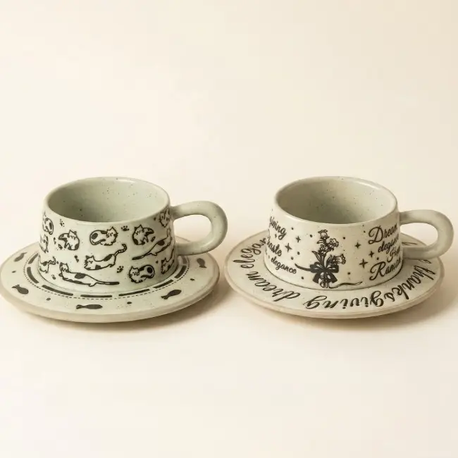 Vintage Clay Mug & Saucer · 8.5oz