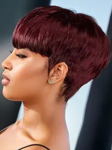 6 Inches Short Human Hair Wigs, Pixie Cut Straight for Women, Full Machine Made Wigs with Bangs, Human Hair Bob